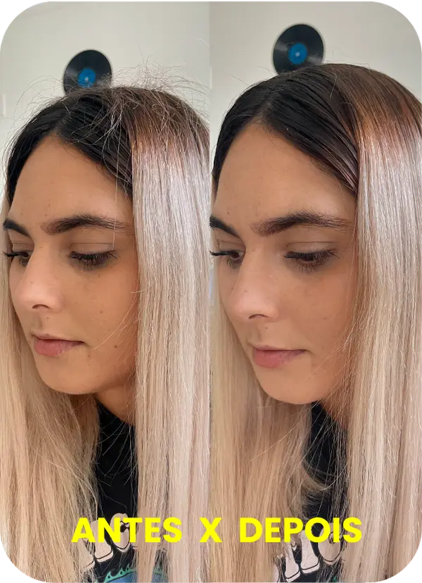 Cabelo antes e depois do Stick 0FRIZZ — fio alinhado, frizz no zero