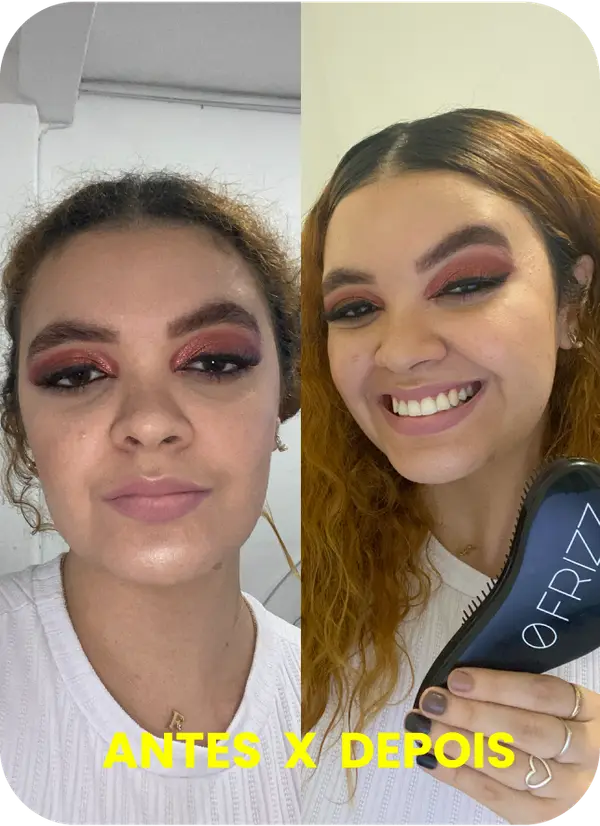 Cabelo antes e depois do Stick 0FRIZZ — frizz controlado e brilho de volta