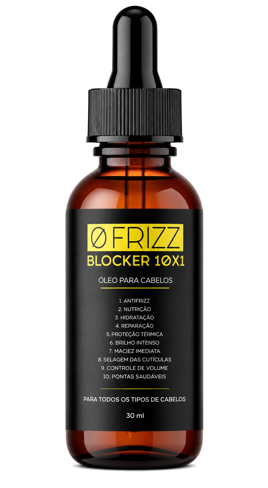 Óleo 0FRIZZ BLOCKER 10x1 — frasco âmbar 30ml com pipeta